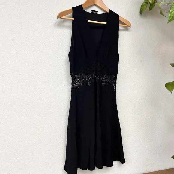 Sandro Paris Dress 36 Elena Black Sleeveless V Neck Sheer Lace Panel Fit  Flare